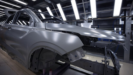 Car manufacturing plant, a line for preparing the body car for paintingの写真素材