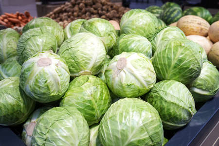 Cabbage heads in the supermarket. Seasonal vegetables from farmers on the marketの写真素材