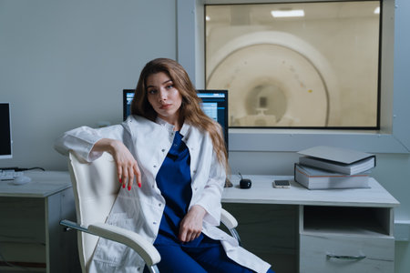 A female doctor in a white coat is sitting at a table in the radiologist's room. The procedure of research using a computed tomography.の写真素材