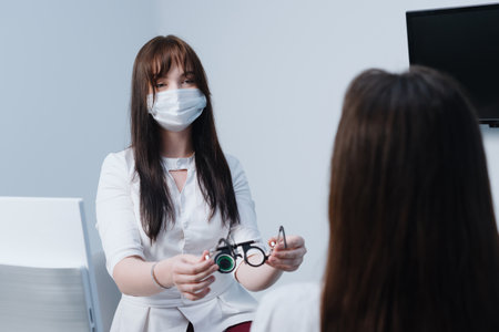 Portrait of an optometrist who sits at a table and passes glasses to check the patient's vision....