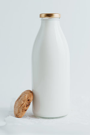 One cookie next to a bottle of milk on a white backgroundの写真素材