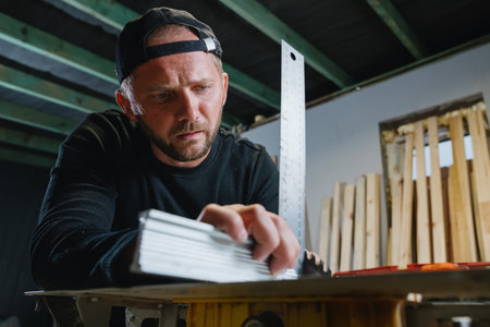 The master carpenter uses a ruler to adjust the cutting disc of a circular saw. Safety precautions before starting workの写真素材