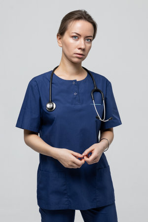 A cardiologist in a blue suit with a stethoscope around his neck. light background