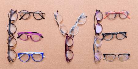 The word Eye is made of eyeglass frames on a cork board