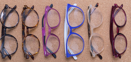 Different eyeglass frames on cork boardの写真素材