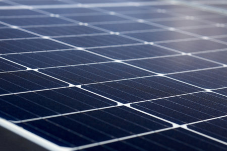Close-up of the solar panel part. Eco friendly concept. Conversion of light energy into electrical energyの写真素材