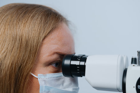 The face of an optometrist woman looking into a device for checking the vision of patients in a...
