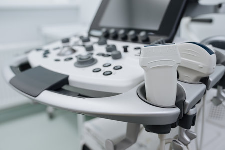 Close-up of an ultrasound scanner against the background of a modern ultrasound machine.の写真素材