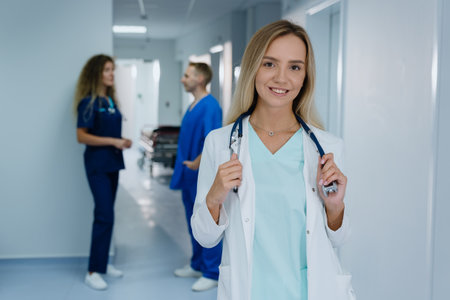 Portrait of a smiling female surgeon who looks into the camera standing in the corridor of the hospital. Along the corridor in the background are fellow doctors.の写真素材