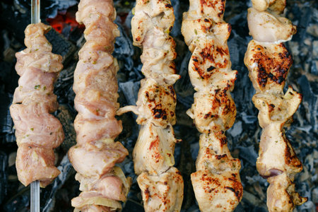 Cooking in the forest. Summer hike. Barbecue with kebabsの写真素材