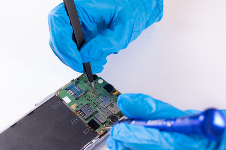 Close-up of the hands of a person with blue gloves who is repairing a mobile phone on a white backgroundの写真素材