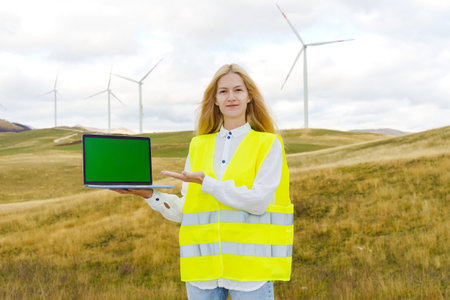 Engineer of wind turbines. A woman with a laptop on the background of wind turbinesの写真素材