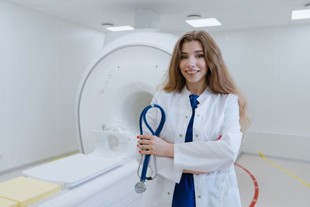 Portrait of a doctor in an X-ray laboratory looks into the camera and smiles. High-tech medical...