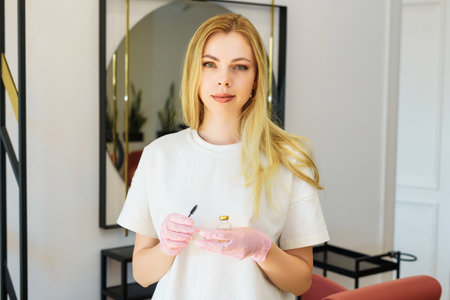 Portrait of a beauty master in a beauty salon. A young woman in a white T-shirt holds a brush and balmの写真素材