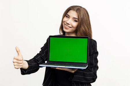 Chromakey on the laptop screen. A business woman with a laptop on a white background. The manager gives a thumbs upの写真素材