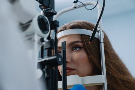 Reception at the clinic. An optometrist. Health care. Vision check in a professional clinic.の写真素材