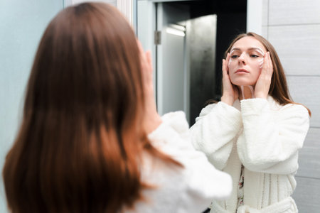 Beauty treatments at home. A young woman glues tapes on her face. Facial skin care.の写真素材