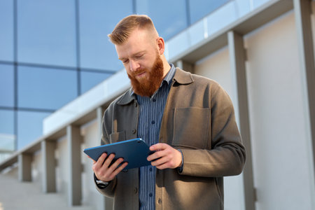 Business man with a red beard studies information on the Internet while standing on the street.の写真素材