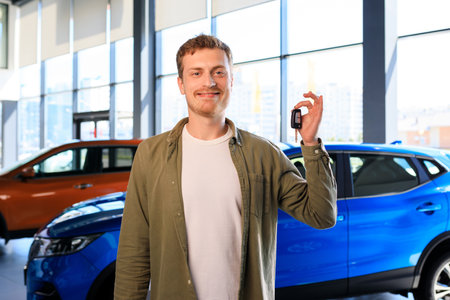 A bearded handsome man with a key to a new car on the background of a dealership. Successful businessman.の写真素材
