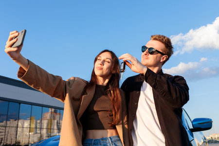 A young woman takes a selfie with her husband. A young couple bought a new car at a dealership.の写真素材