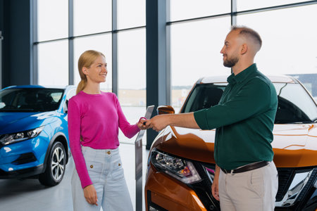 The manager of the car dealership sold a young woman a car and gives her the keys on the background of the showroomの写真素材