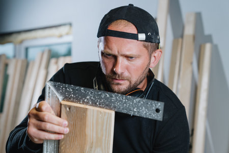 A man carpenter with a beard in dark clothes measures the boards with a ruler before creating a new...