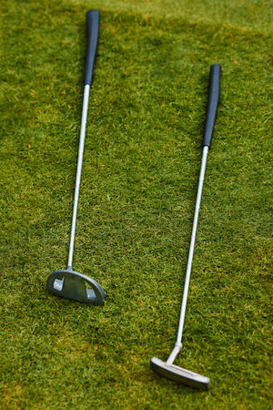 Vertical photo. Two golf clubs on the green grass. Professional sports for rich people.の写真素材