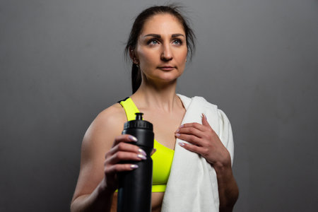 Portrait of a young woman with a bottle of water after a workoutの写真素材
