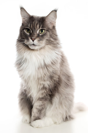 An adult purebred Maine Coon cat poses on a white background.の写真素材