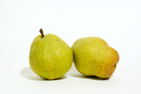 Two ripe pears placed side by side on a clean white surface, showing their smooth skin and distinct shapes.の写真素材