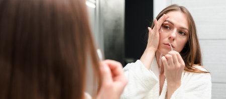 A smiling young woman glues tapes on her face. Prevention of skin aging. Beauty procedures at homeの写真素材