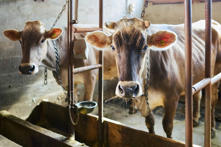 A couple of cows are standing inside a fenced pen. The cows look healthy and are calmly observing their surroundings.の写真素材