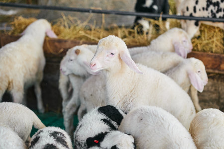 A group of sheep standing closely next to each other in a field.の写真素材