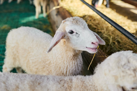 A juvenile lamb with a tuft of hay in its mouth lies comfortably inside a well-lit barn, amongst other sheep.の写真素材