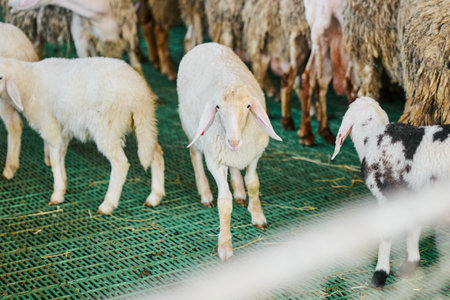 A group of sheep and a black and white goat standing on mesh flooring inside a farm enclosure.の写真素材