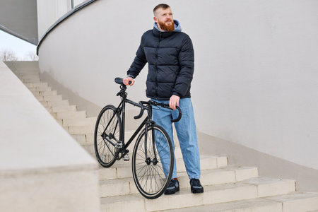 Handsome red-haired Caucasian man in autumn clothes waiting for friend standing with bicycle near building.の写真素材