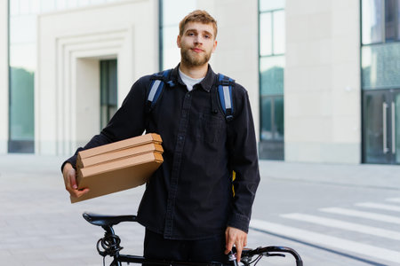 Portrait of a pizza delivery man with boxes outside. The courier looks at the camera. Fast Food Deliveryの写真素材