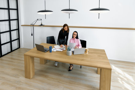 In a bright and stylish office space, two women are engaged in collaboration. One stands beside the other, discussing a project while seated at a large wooden table with laptops.の写真素材