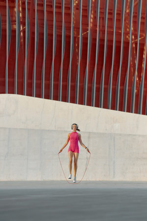 A woman jumps rope in a vibrant pink outfit at a sports location with modern architecture.の写真素材