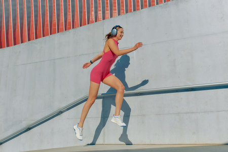 Woman enjoys a run outdoors wearing bright athletic gear and headphones, embodying fitness.の写真素材