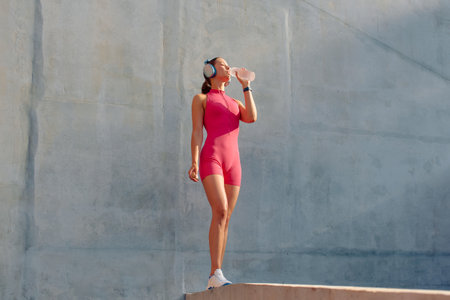 A woman stands outside, wearing a pink athletic outfit and headphones, enjoying a drink of water.の写真素材