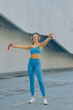 Woman is stretching and preparing to jump rope outside in bright activewear, enjoying her workout.の写真素材