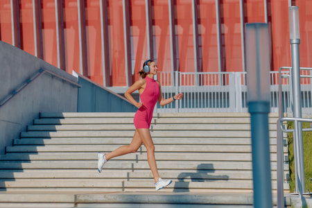 A woman jogs down steps outside, enjoying her run while listening to music through headphones.の写真素材