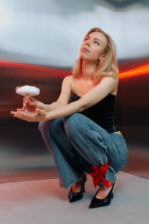 Woman is squatting gracefully, holding a cocktail and wearing trendy attire with a backdrop of bright colors.の写真素材