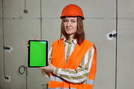 Architect woman in vest and hard hat shows tablet with green screen for mockup.の写真素材