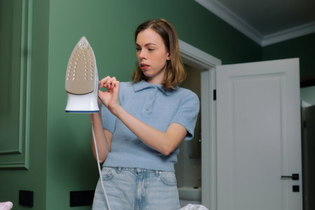 Woman is focused on setting up an electric iron as she prepares to iron a pile of clothes. The room features a stylish green wall and modern decor.の写真素材