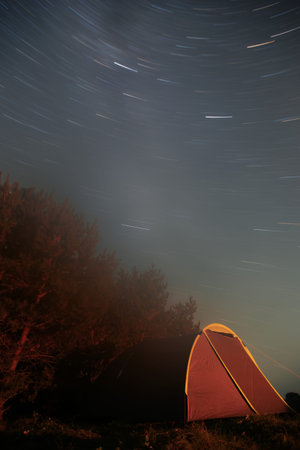 A tent stands in a peaceful forest as star trails create a mesmerizing pattern in the night sky.