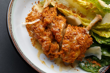 Crispy Fried Chicken Cutlet With Salad And Dressing, Golden Breading, Crunchy Texture, Zesty Dressing, Crisp Lettuce On Side, Homestyle Comfort Vibe,