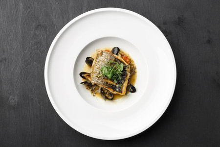 Seared Fish Fillet Over Mussels And Sauce, Golden Crust, Tender Interior, Braised Mussels In Garlic Butter, Fresh Parsley, Citrus Hint, Rustic Coastal