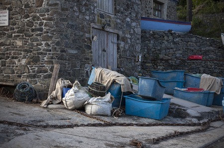 Fishing equipment, Cadgwith Cove, Cornwall, Englandの写真素材